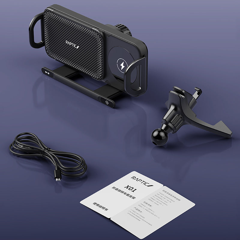 X-Doria Raptic Smart Rotation Kevlar Car Mount Foldable Phone Holder 15W Wireless Charger