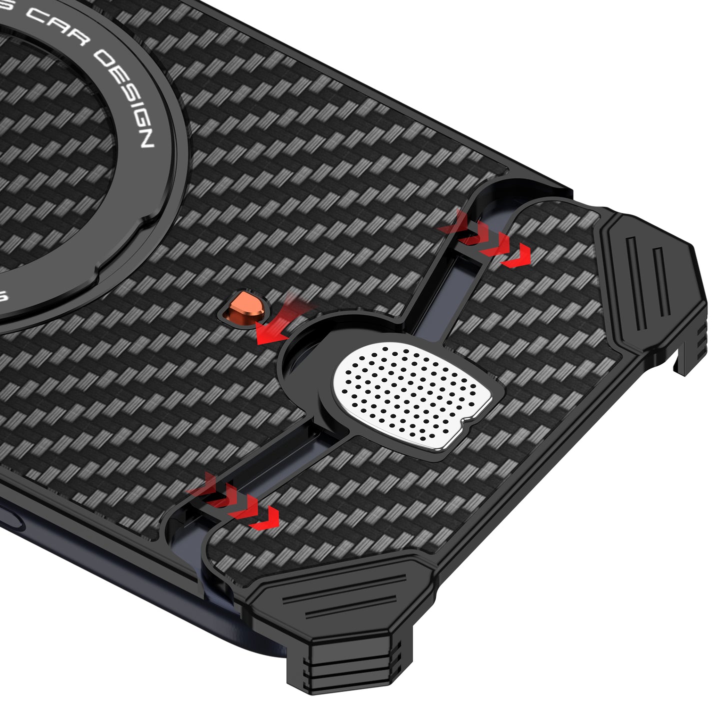Armor King Hypercar MagSafe Pivot Ring Stand Elastic Buckle Metal+Carbon Fiber Texture Back Case Cover