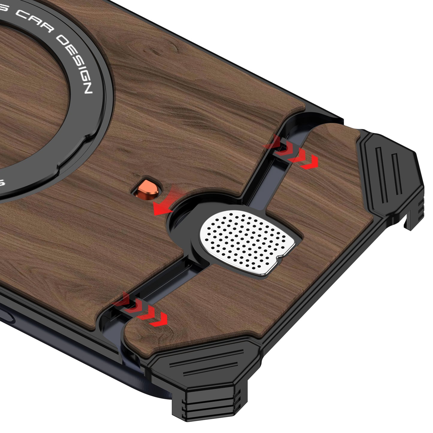 Armor King Hypercar MagSafe Pivot Ring Stand Elastic Buckle Metal+Walnut Texture Back Case Cover