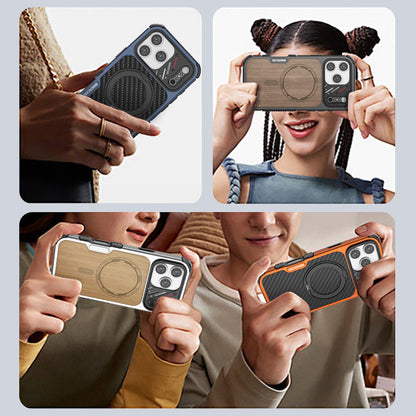 Armor King Urban Mecha MagSafe Shockproof TPU + Metal Frame + Carbon Fiber Backplate / Wooden Board Case Cover