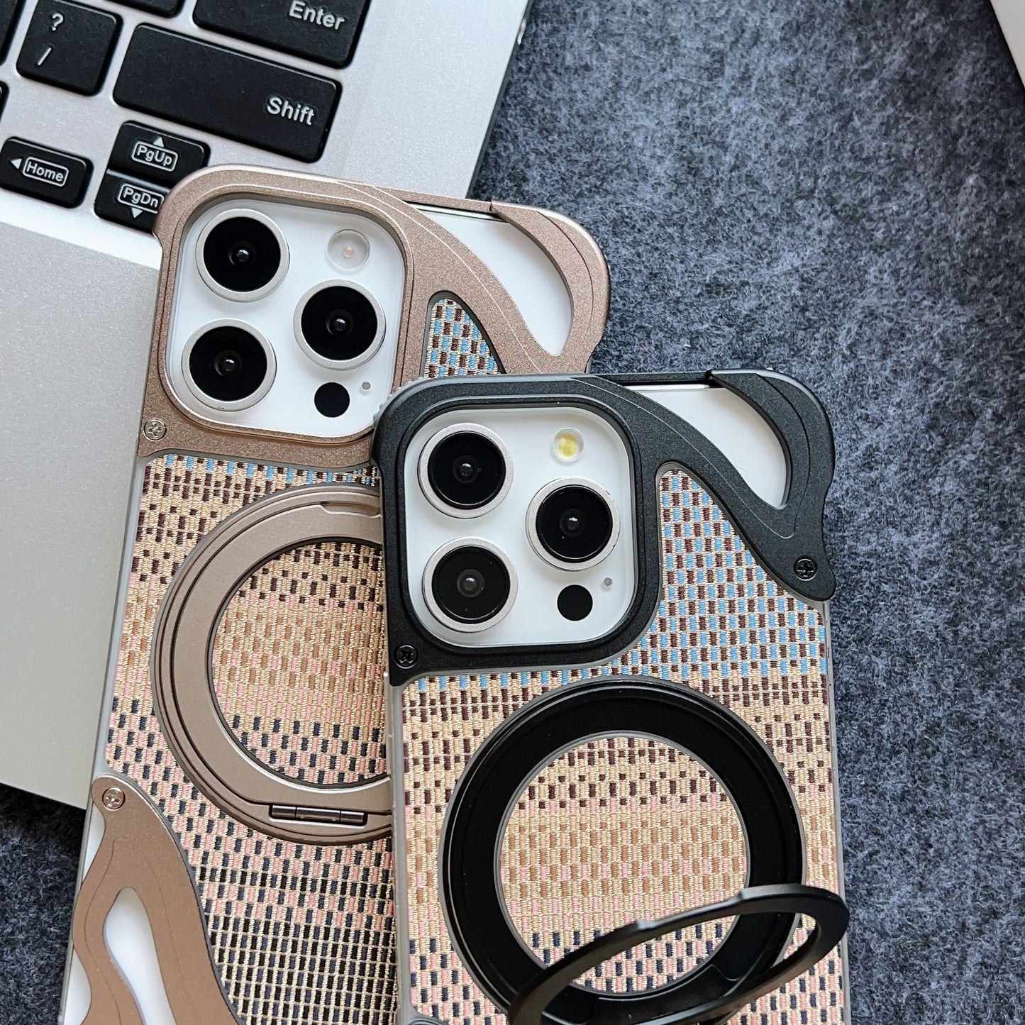 Armor King Dolphin Bezel-less MagSafe Pivot Ring Stand Golden Silk Silver Brocade Metal Case Cover