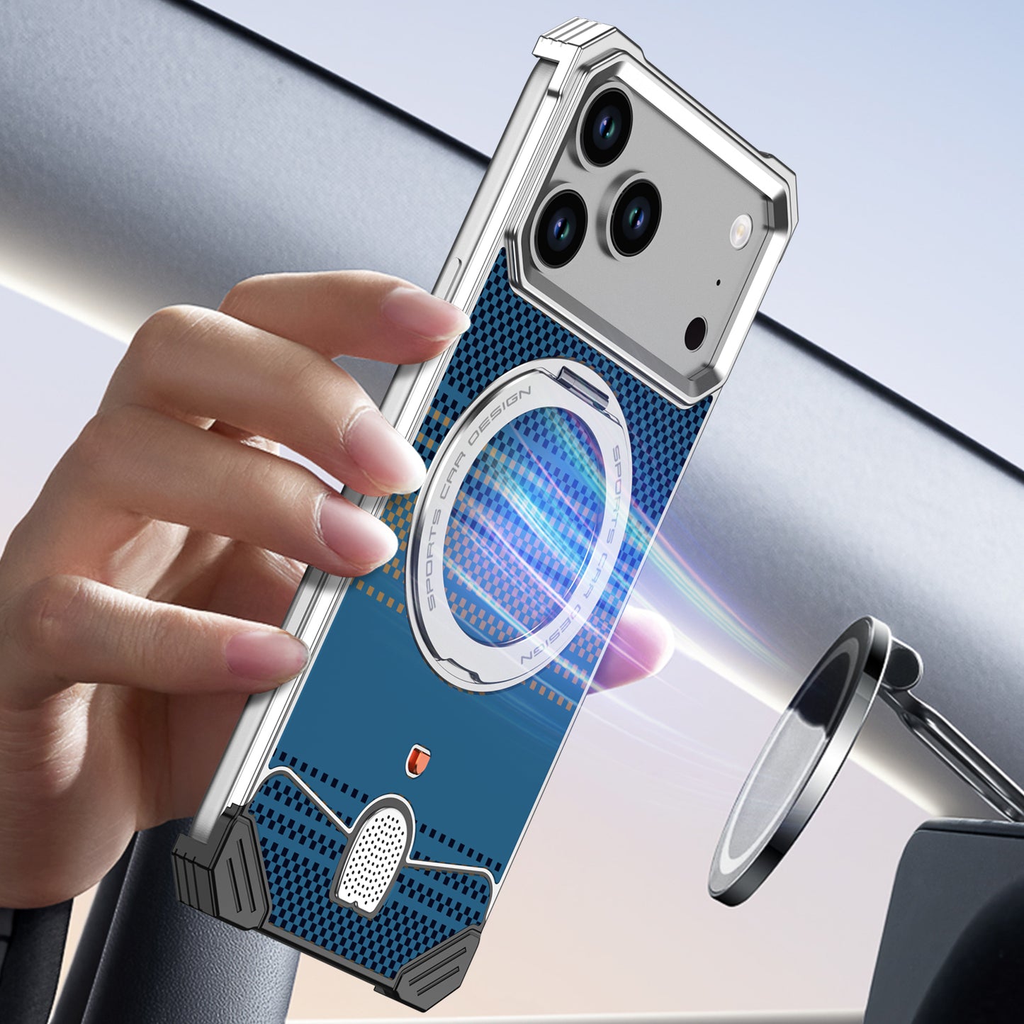 Armor King Hypercar MagSafe Pivot Ring Stand Elastic Buckle Metal+Kevlar Texture Back Case Cover