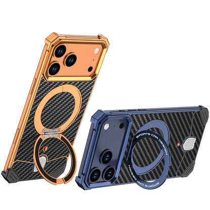 Armor King Hypercar MagSafe Pivot Ring Stand Elastic Buckle Metal+Carbon Fiber Texture Back Case Cover