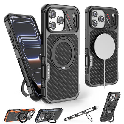 Armor King Urban Mecha MagSafe Shockproof TPU + Metal Frame + Carbon Fiber Backplate / Wooden Board Case Cover