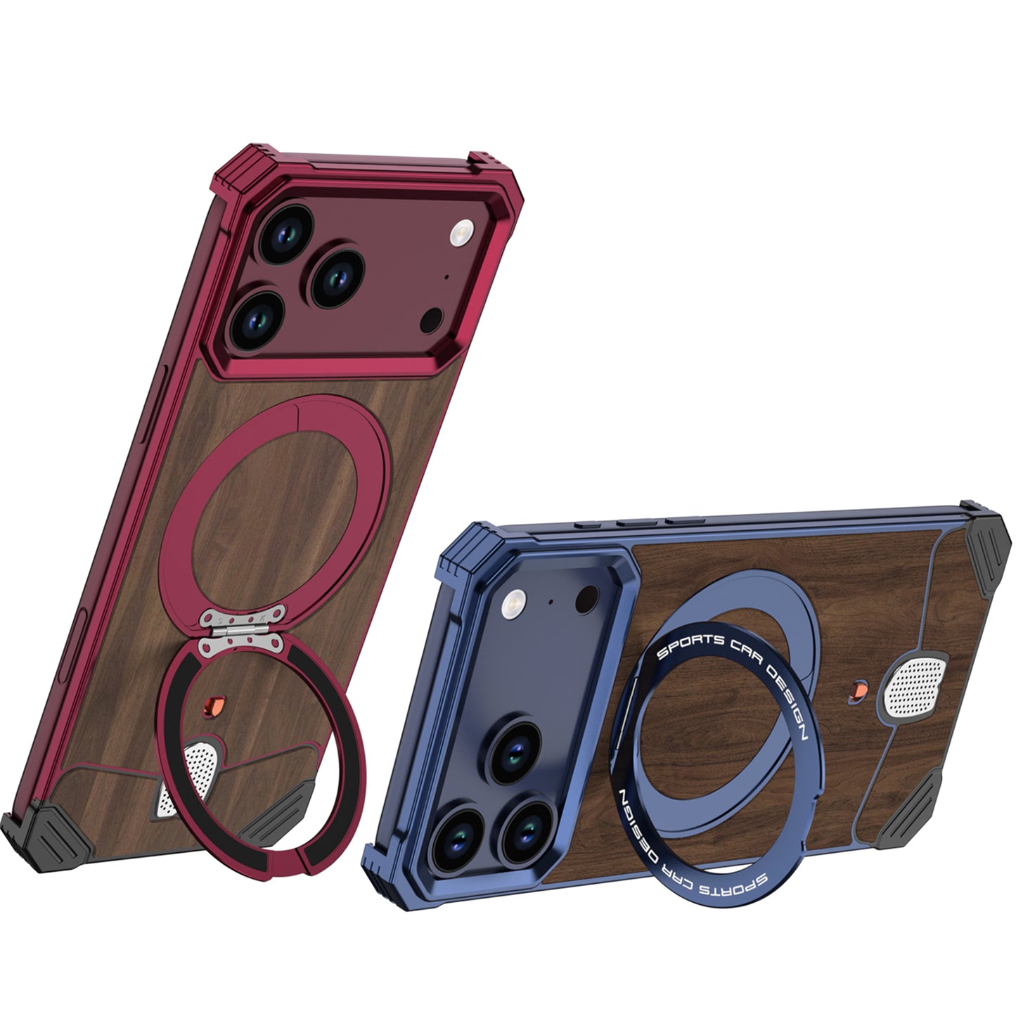Armor King Hypercar MagSafe Pivot Ring Stand Elastic Buckle Metal+Walnut Texture Back Case Cover