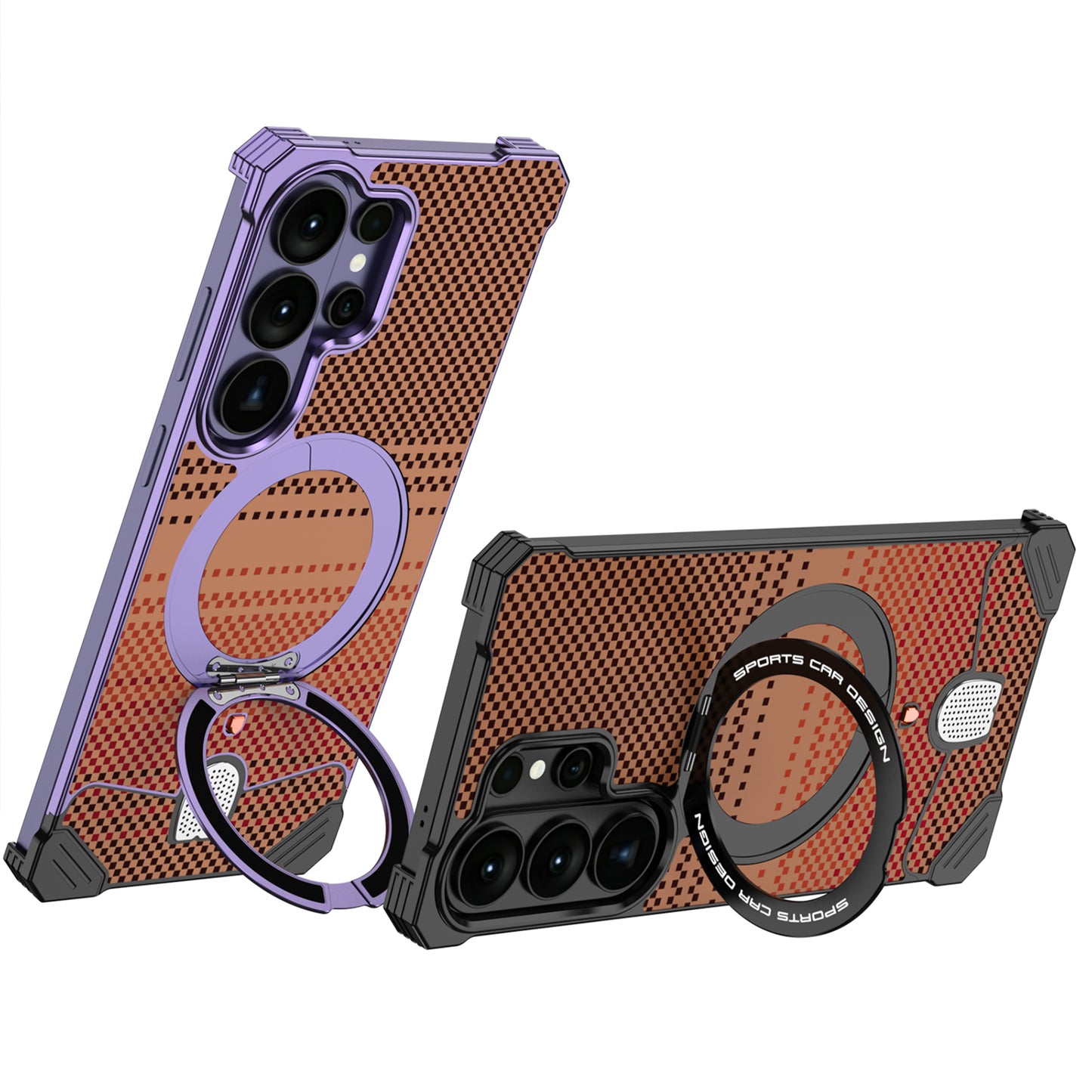Armor King Hypercar MagSafe Pivot Ring Stand Elastic Buckle Metal+Kevlar Texture Back Case Cover