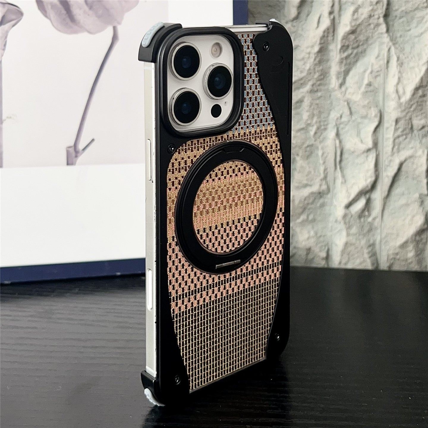 Armor King Stoat Bezel-less MagSafe Pivot Ring Stand Golden Silk Silver Brocade Metal Case Cover