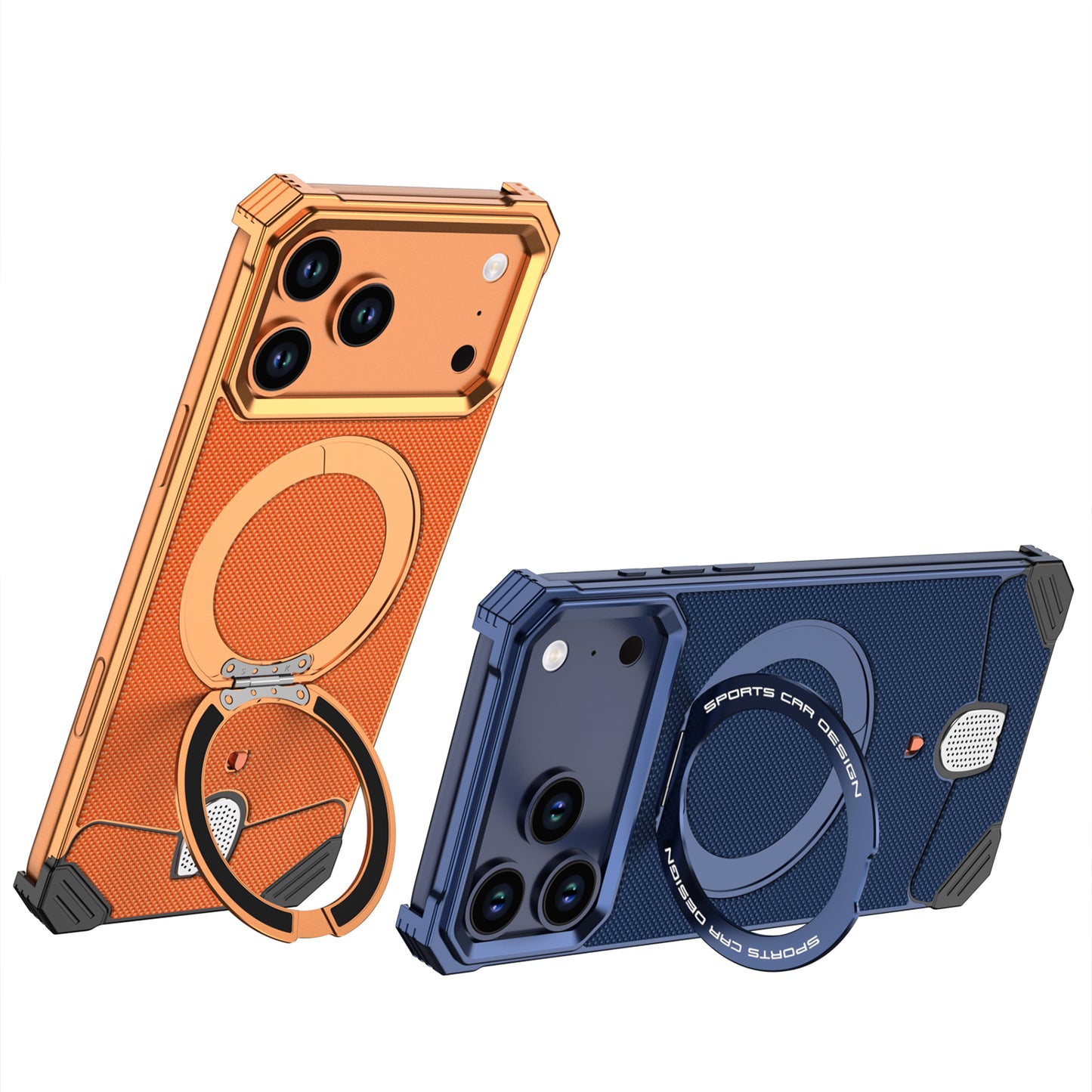 Armor King Hypercar MagSafe Pivot Ring Stand Elastic Buckle Metal+Leather Back Case Cover