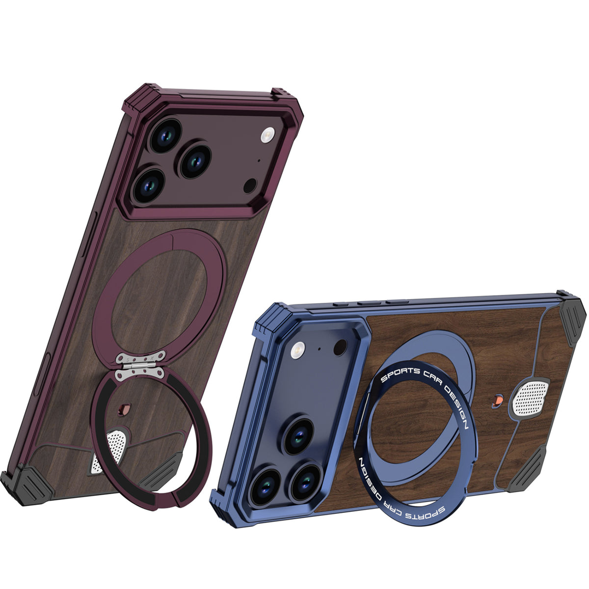 Armor King Hypercar MagSafe Pivot Ring Stand Elastic Buckle Metal+Walnut Texture Back Case Cover