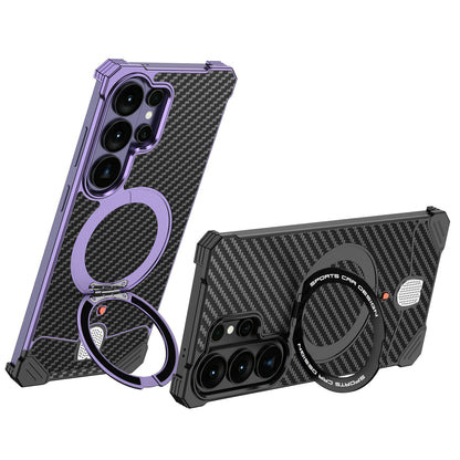 Armor King Hypercar MagSafe Pivot Ring Stand Elastic Buckle Metal+Carbon Fiber Texture Back Case Cover