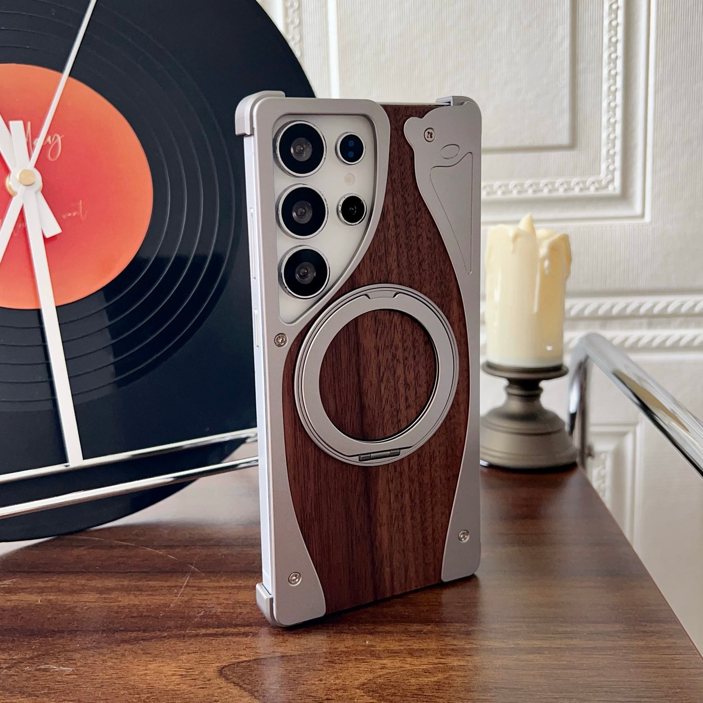 Armor King Stoat Bezel-less MagSafe Pivot Ring Stand Walnut Wood Metal Case Cover