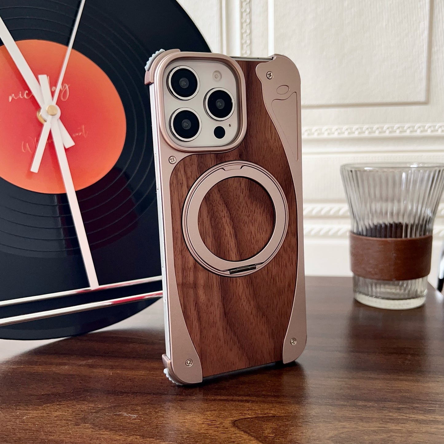 Armor King Stoat Bezel-less MagSafe Pivot Ring Stand Walnut Wood Metal Case Cover