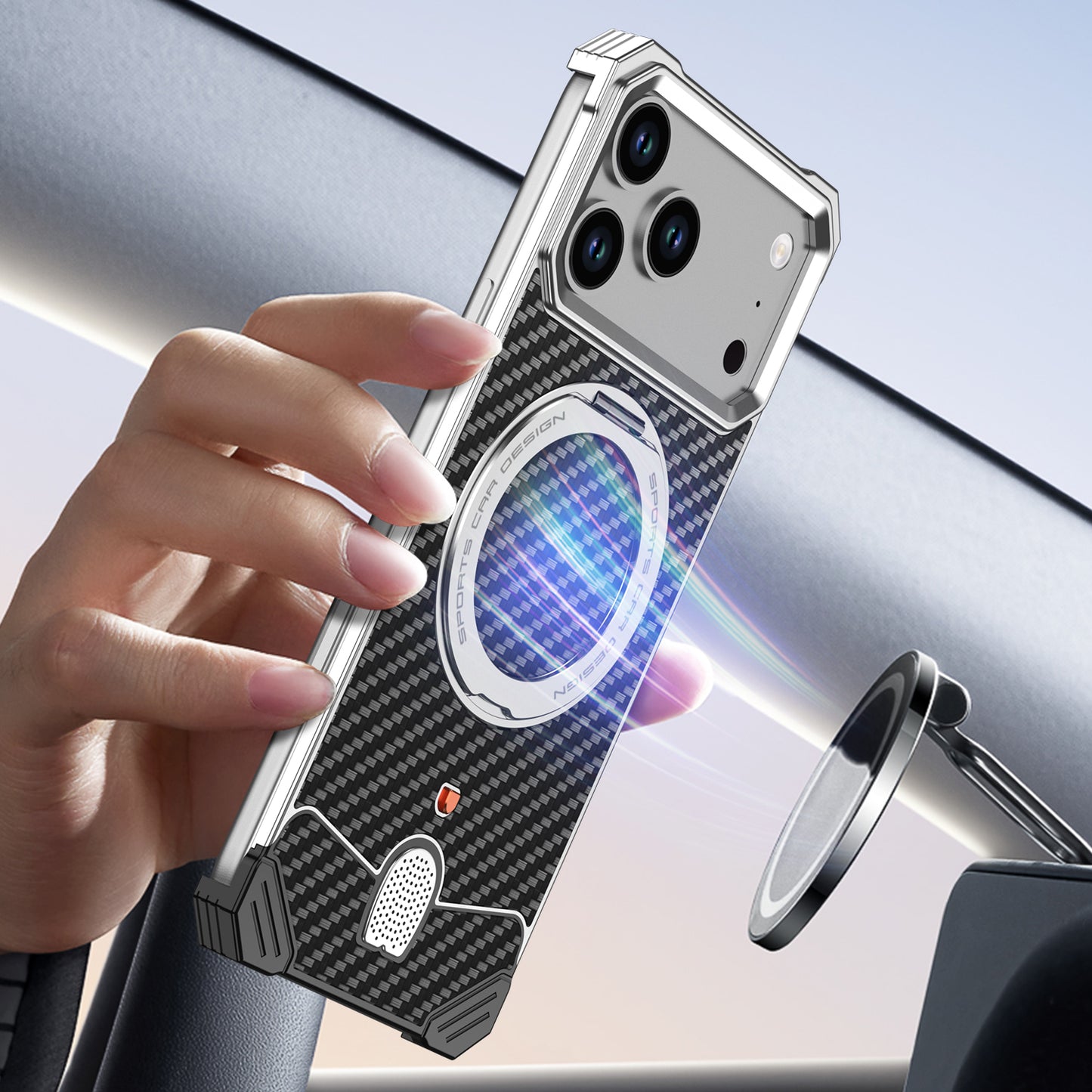 Armor King Hypercar MagSafe Pivot Ring Stand Elastic Buckle Metal+Carbon Fiber Texture Back Case Cover