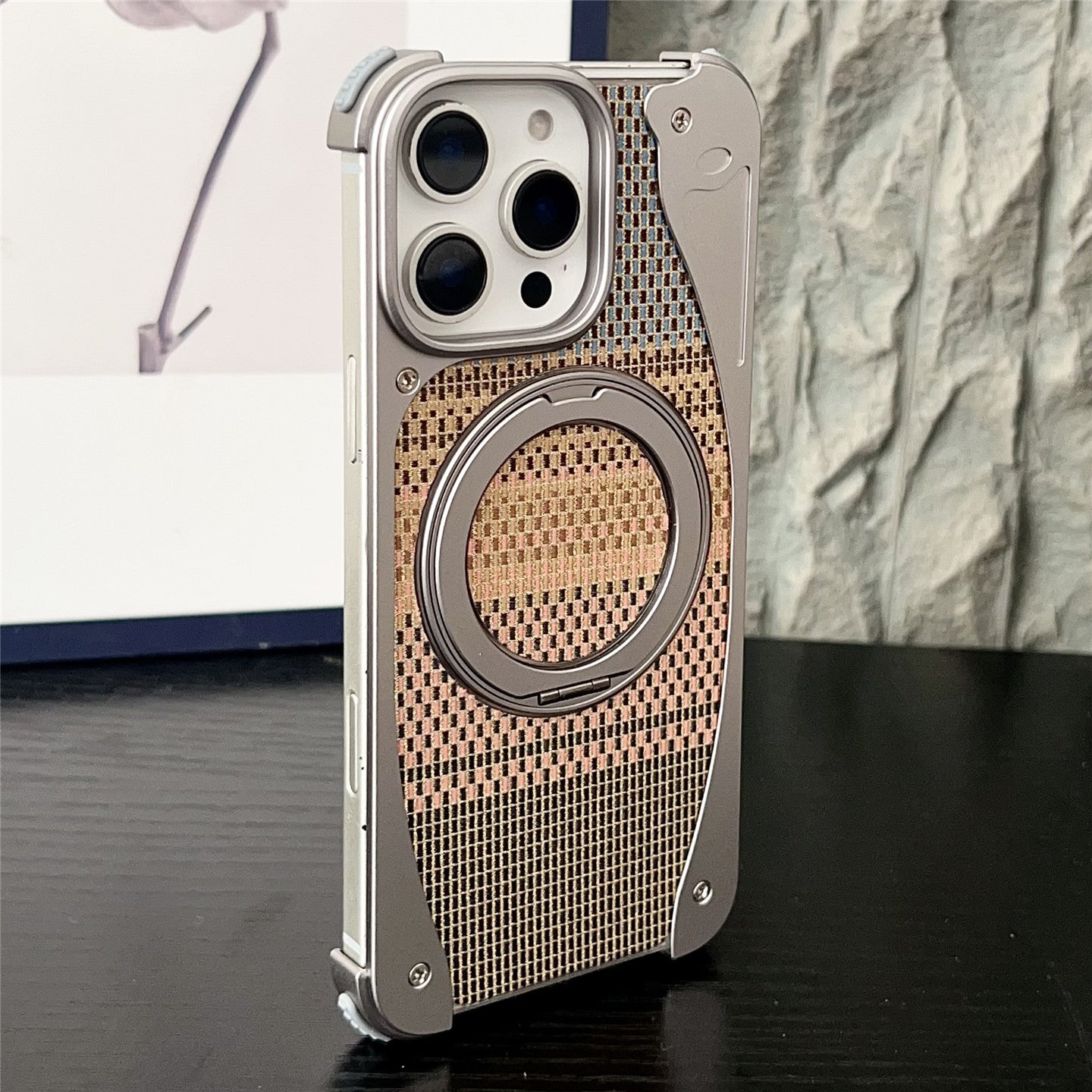 Armor King Stoat Bezel-less MagSafe Pivot Ring Stand Golden Silk Silver Brocade Metal Case Cover