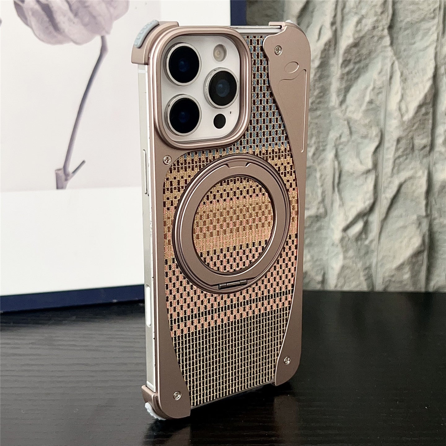 Armor King Stoat Bezel-less MagSafe Pivot Ring Stand Golden Silk Silver Brocade Metal Case Cover