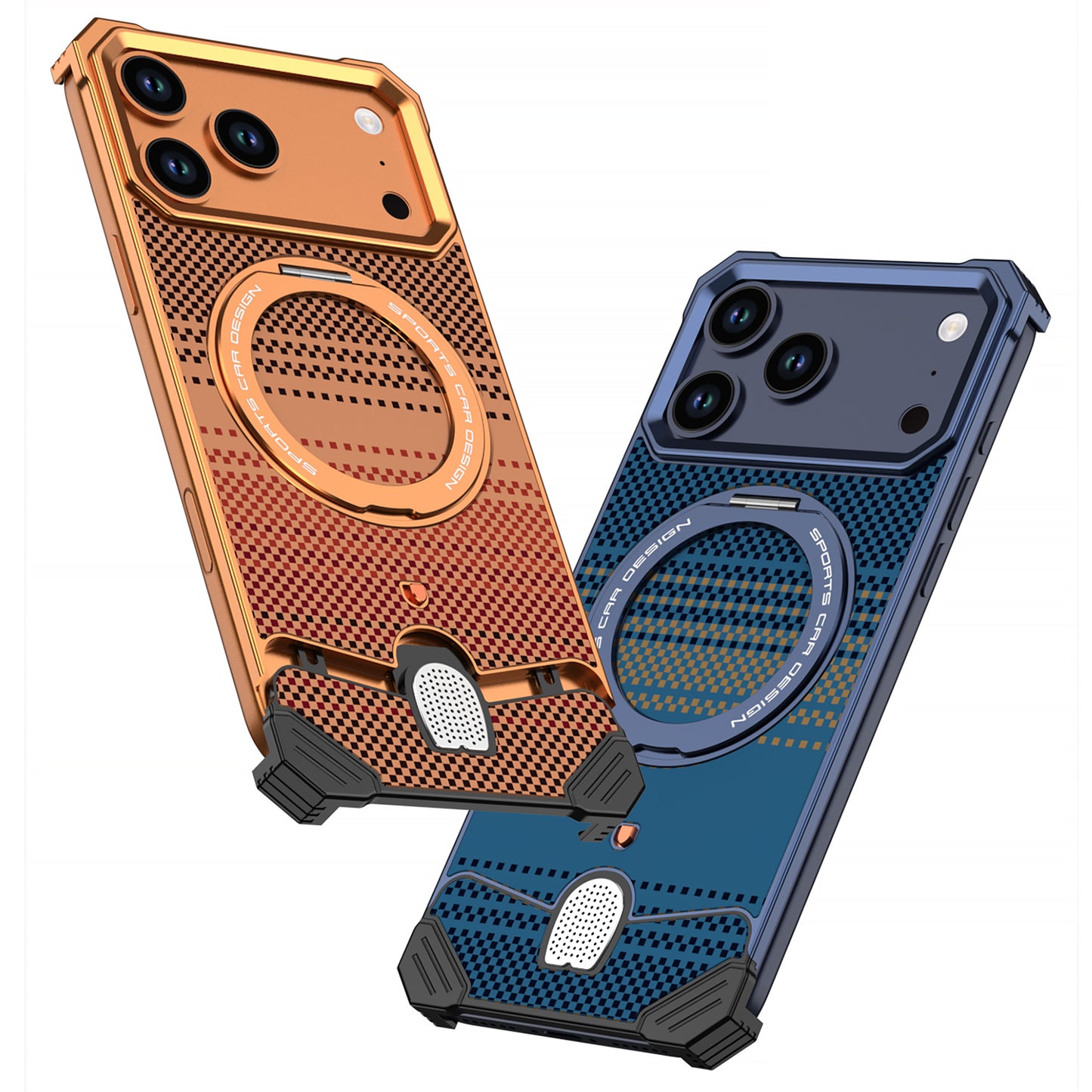 Armor King Hypercar MagSafe Pivot Ring Stand Elastic Buckle Metal+Kevlar Texture Back Case Cover