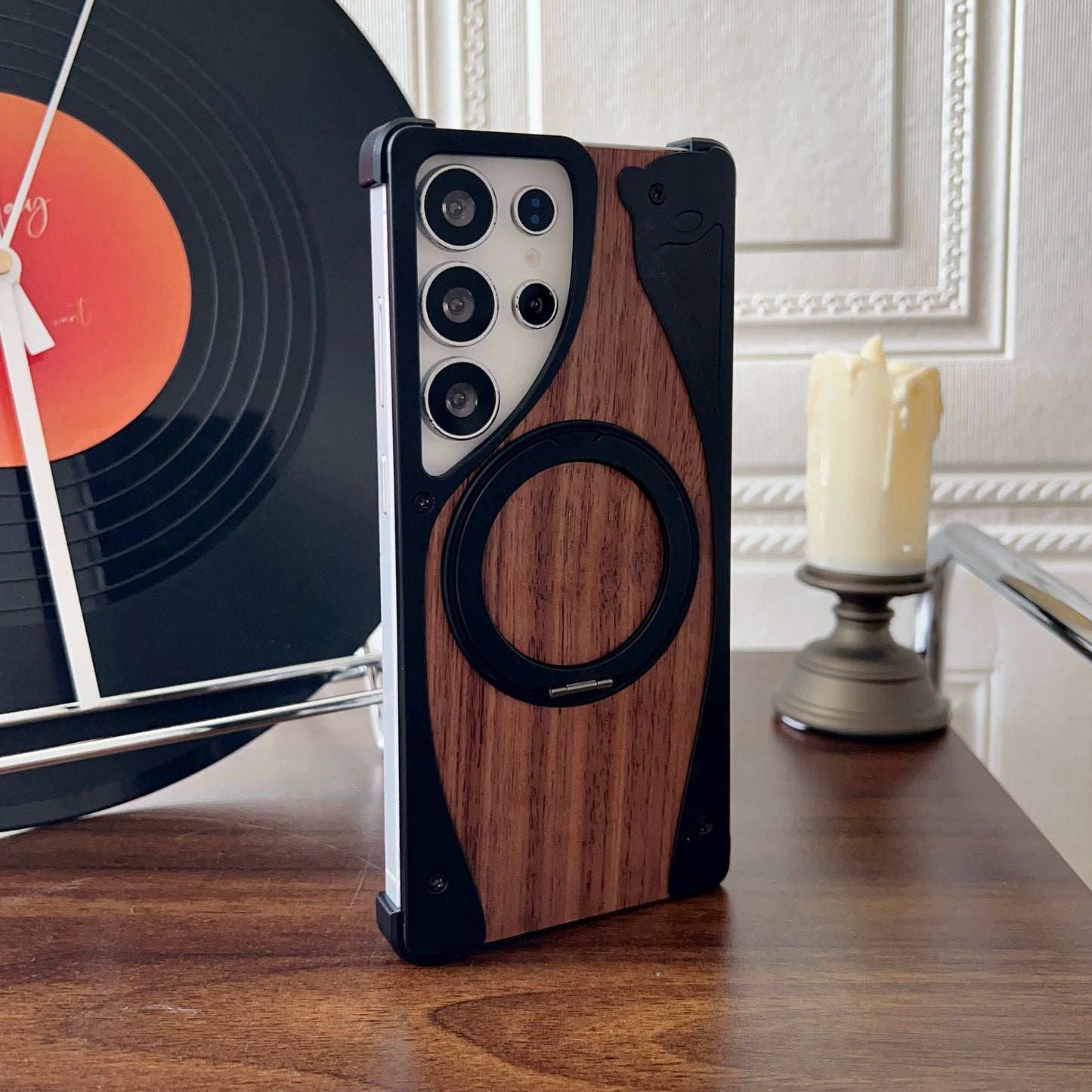 Armor King Stoat Bezel-less MagSafe Pivot Ring Stand Walnut Wood Metal Case Cover