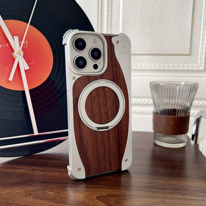 Armor King Stoat Bezel-less MagSafe Pivot Ring Stand Walnut Wood Metal Case Cover