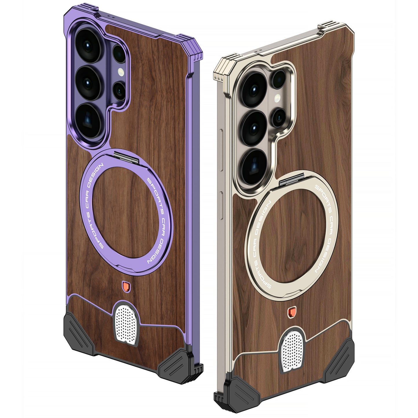 Armor King Hypercar MagSafe Pivot Ring Stand Elastic Buckle Metal+Walnut Texture Back Case Cover
