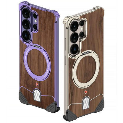 Armor King Hypercar MagSafe Pivot Ring Stand Elastic Buckle Metal+Walnut Texture Back Case Cover
