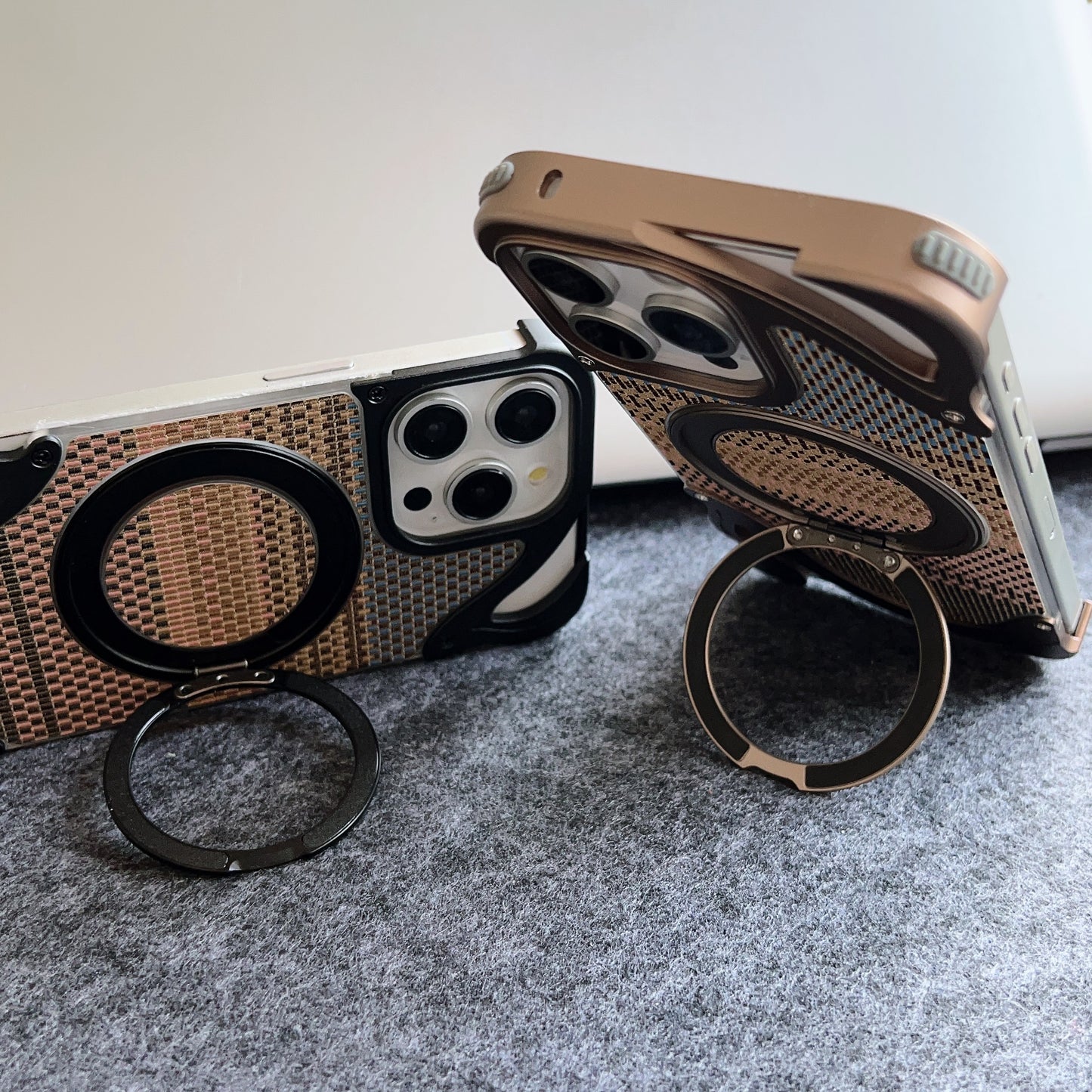 Armor King Dolphin Bezel-less MagSafe Pivot Ring Stand Golden Silk Silver Brocade Metal Case Cover