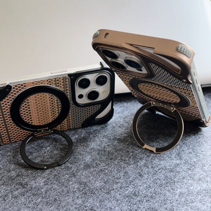 Armor King Dolphin Bezel-less MagSafe Pivot Ring Stand Golden Silk Silver Brocade Metal Case Cover