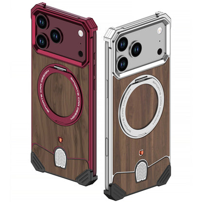 Armor King Hypercar MagSafe Pivot Ring Stand Elastic Buckle Metal+Walnut Texture Back Case Cover