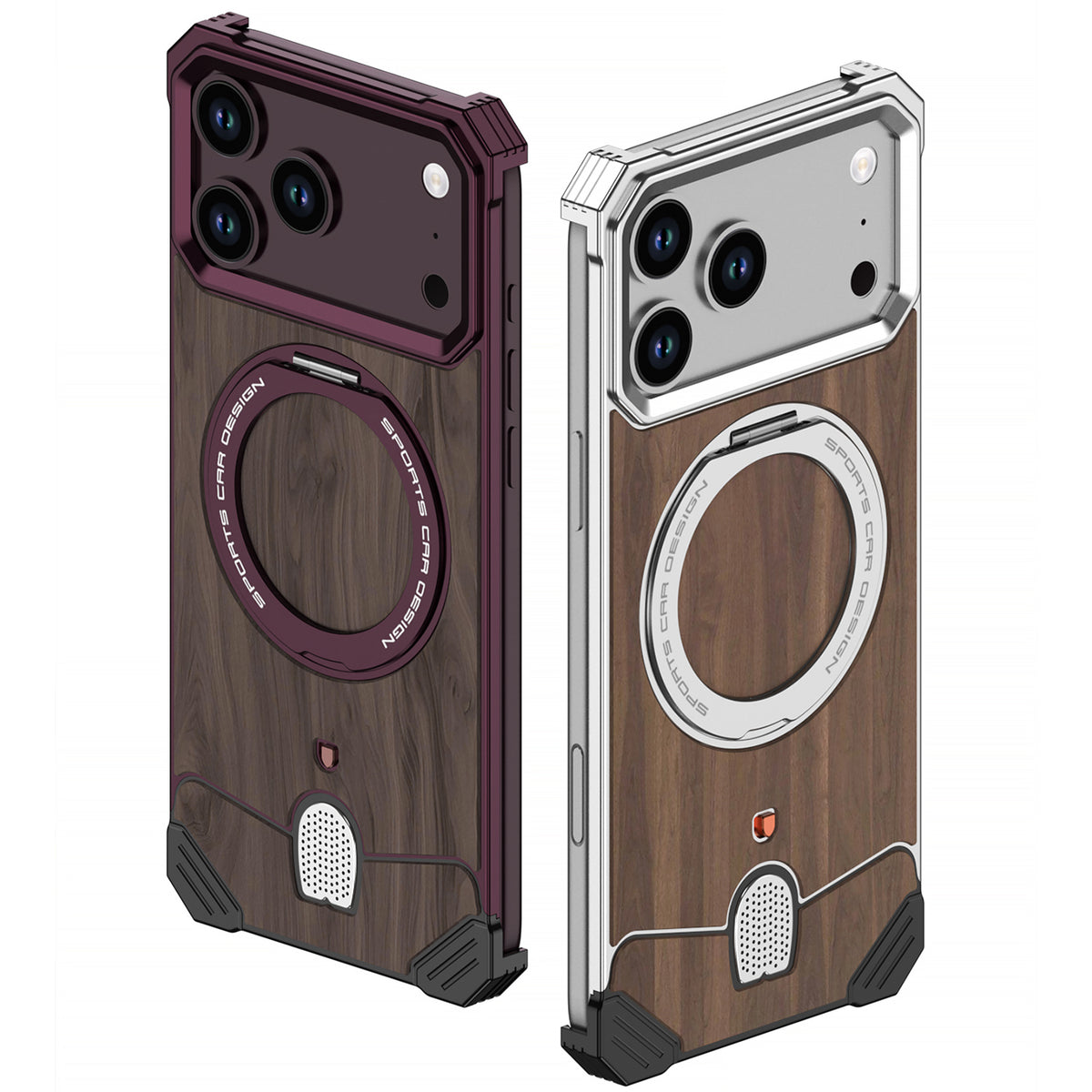 Armor King Hypercar MagSafe Pivot Ring Stand Elastic Buckle Metal+Walnut Texture Back Case Cover