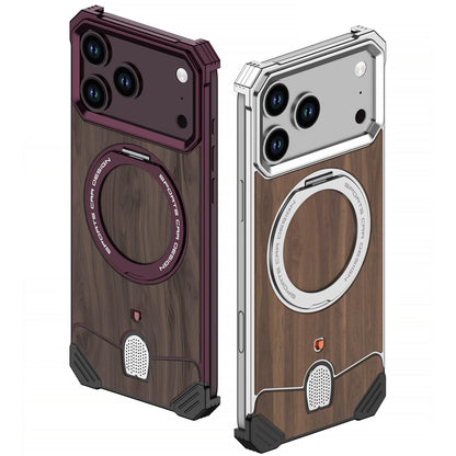 Armor King Hypercar MagSafe Pivot Ring Stand Elastic Buckle Metal+Walnut Texture Back Case Cover