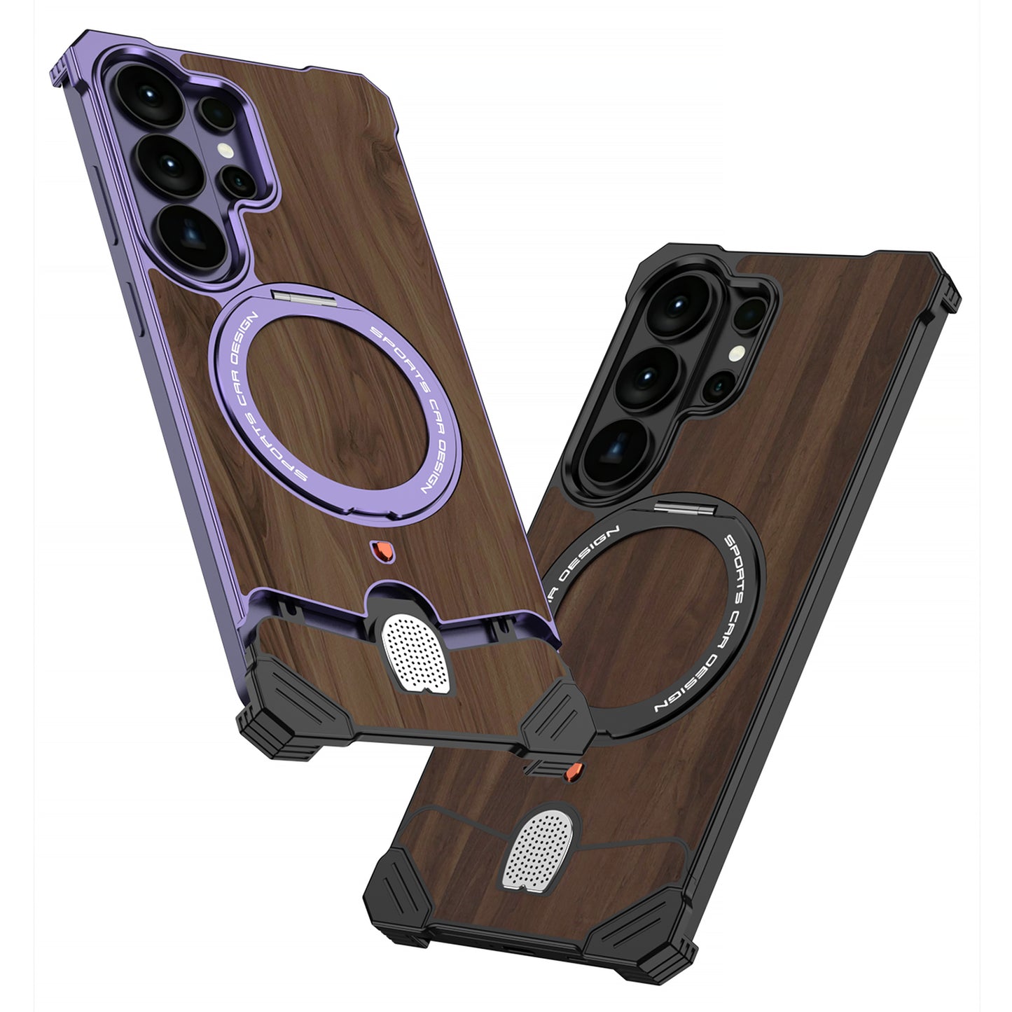 Armor King Hypercar MagSafe Pivot Ring Stand Elastic Buckle Metal+Walnut Texture Back Case Cover