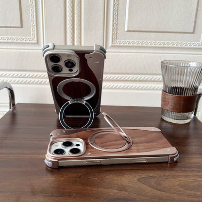 Armor King Stoat Bezel-less MagSafe Pivot Ring Stand Walnut Wood Metal Case Cover