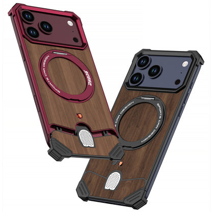 Armor King Hypercar MagSafe Pivot Ring Stand Elastic Buckle Metal+Walnut Texture Back Case Cover
