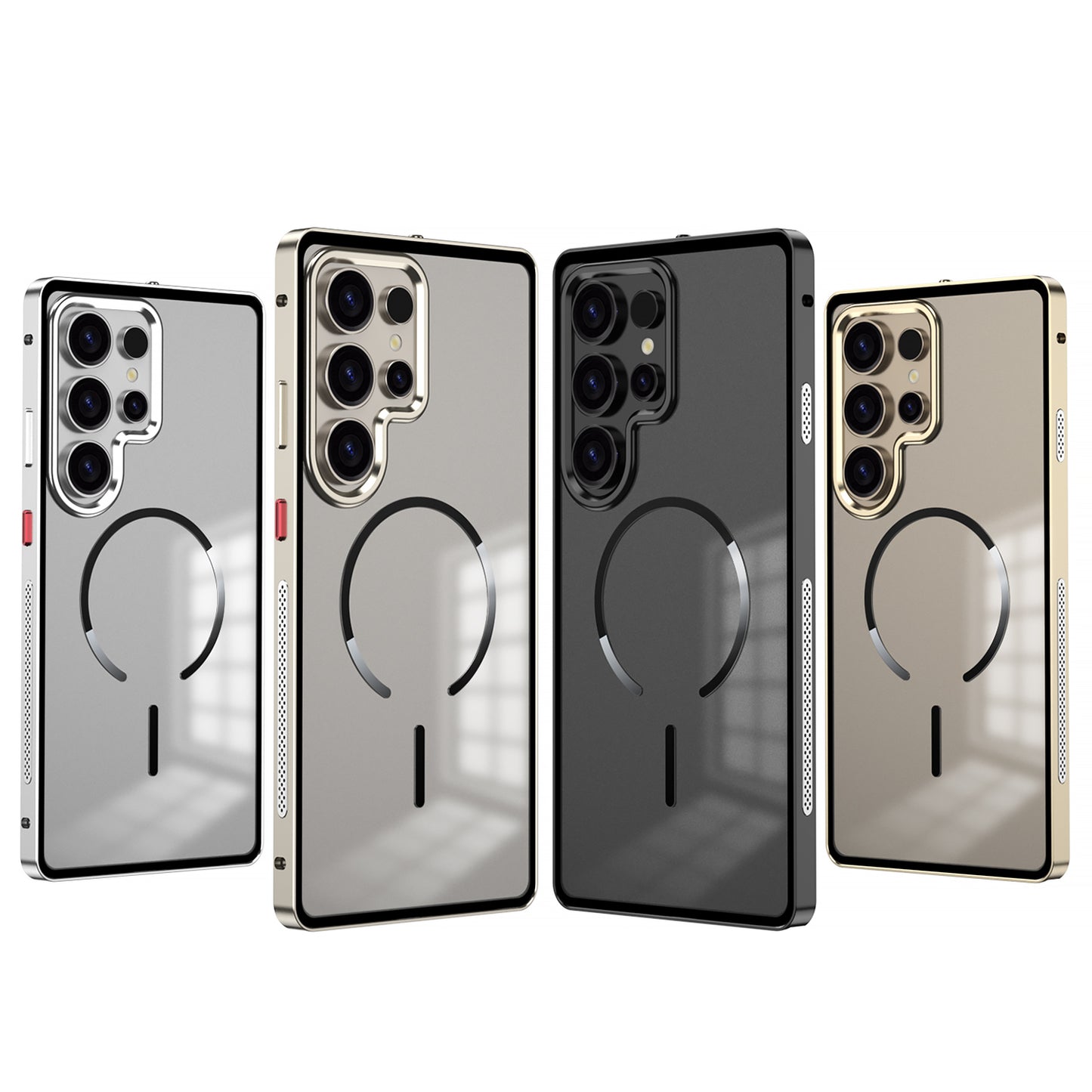 Armor King MagSafe Elastic Buckle Heat Dissipation Metal Bumper Frosted Acrylic Back Case Cover