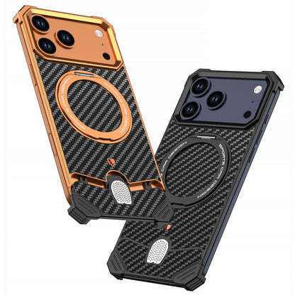Armor King Hypercar MagSafe Pivot Ring Stand Elastic Buckle Metal+Carbon Fiber Texture Back Case Cover
