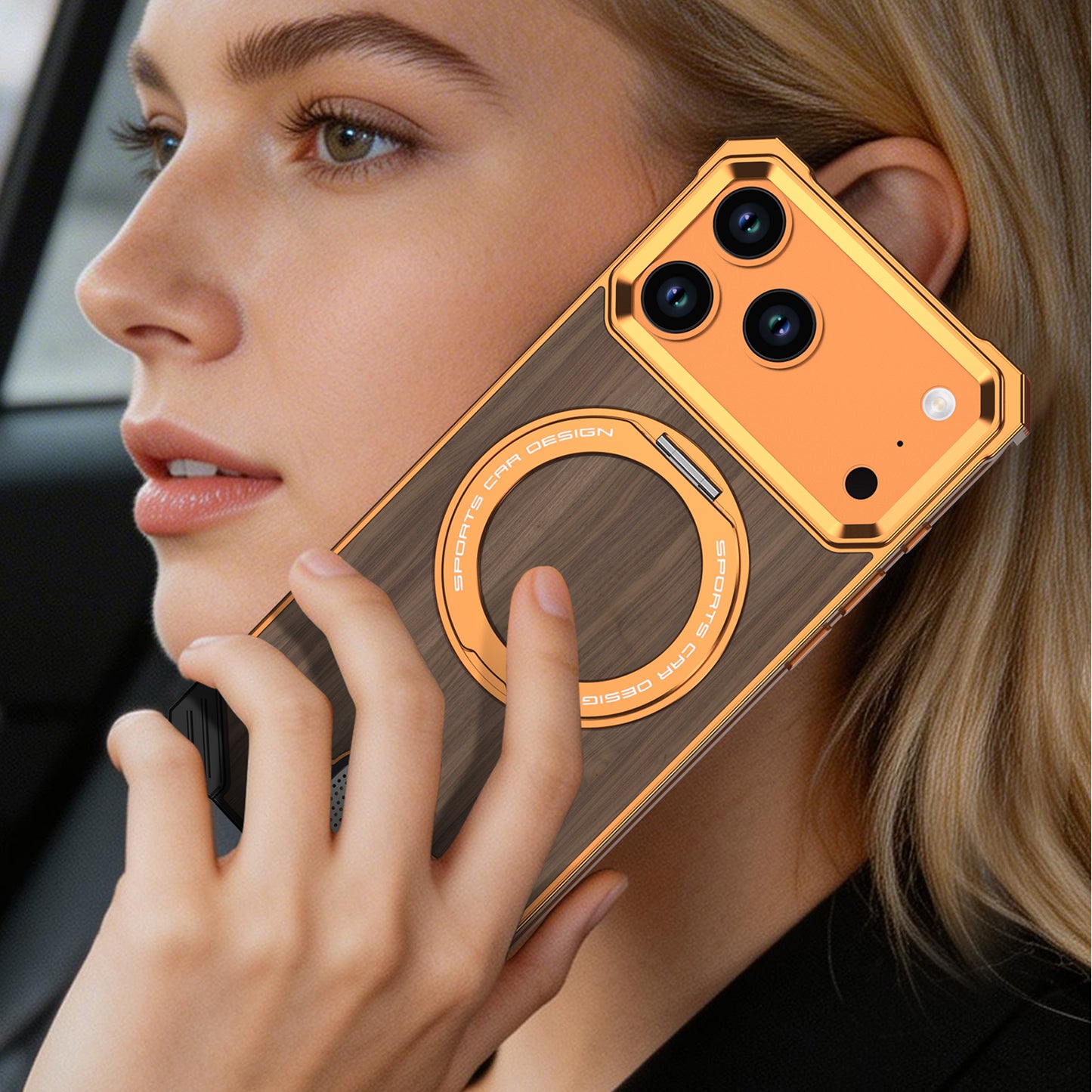 Armor King Hypercar MagSafe Pivot Ring Stand Elastic Buckle Metal+Walnut Texture Back Case Cover