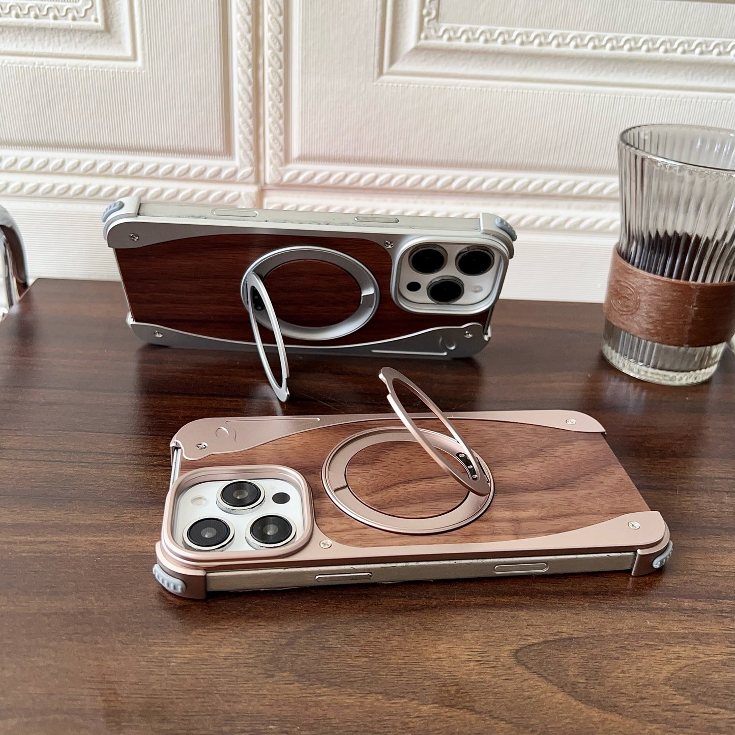 Armor King Stoat Bezel-less MagSafe Pivot Ring Stand Walnut Wood Metal Case Cover