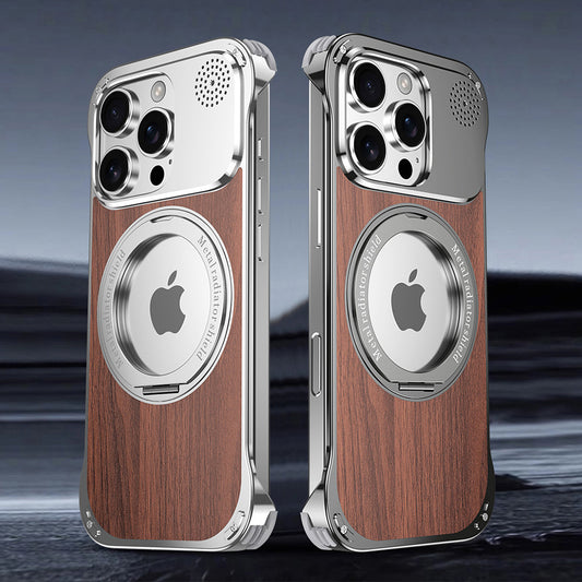 Armor King Aromatherapy MagSafe Pivot Ring Stand Walnut Wood + Metal Case Cover