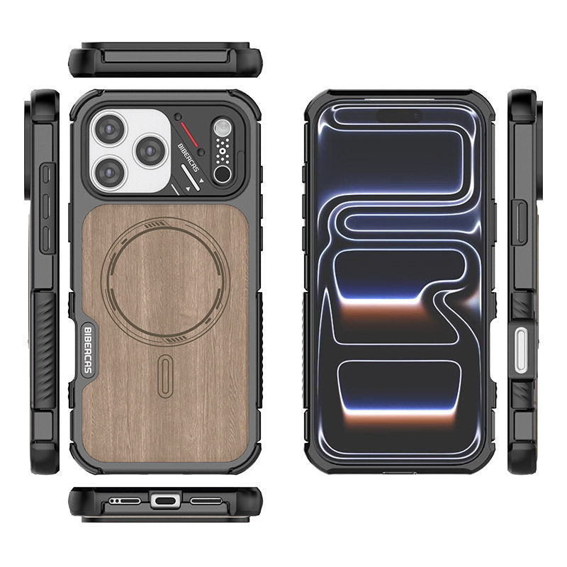 Armor King Urban Mecha MagSafe Shockproof TPU + Metal Frame + Carbon Fiber Backplate / Wooden Board Case Cover