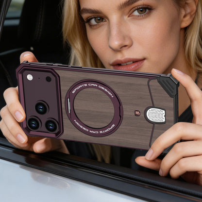 Armor King Hypercar MagSafe Pivot Ring Stand Elastic Buckle Metal+Walnut Texture Back Case Cover