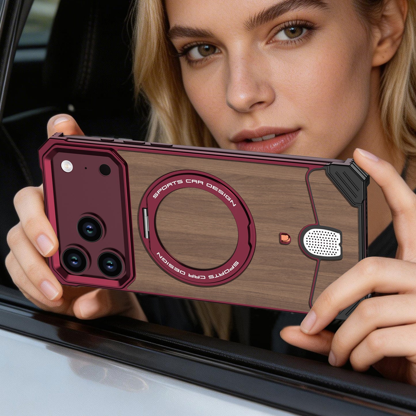 Armor King Hypercar MagSafe Pivot Ring Stand Elastic Buckle Metal+Walnut Texture Back Case Cover
