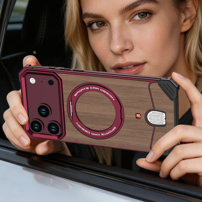 Armor King Hypercar MagSafe Pivot Ring Stand Elastic Buckle Metal+Walnut Texture Back Case Cover