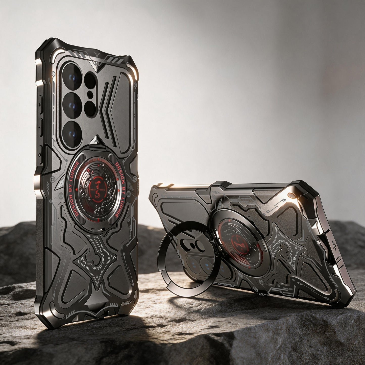 Luphie TS Water-resistant Shockproof Heavy Duty Mecha Metal Case Cover with MagSafe Pivot Ring Stand