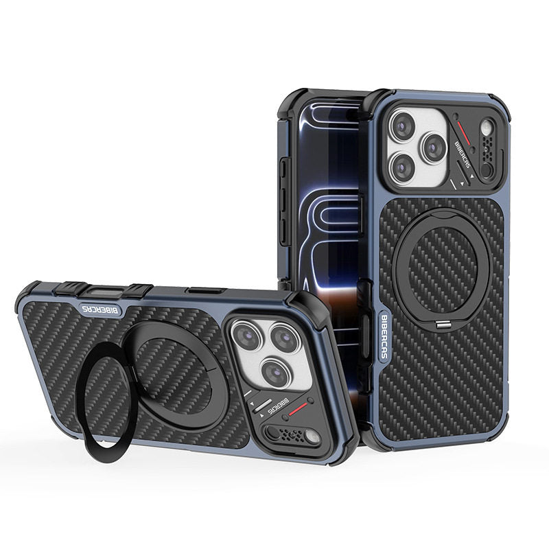 Armor King Urban Mecha MagSafe Shockproof TPU + Metal Frame + Carbon Fiber Backplate / Wooden Board Case Cover