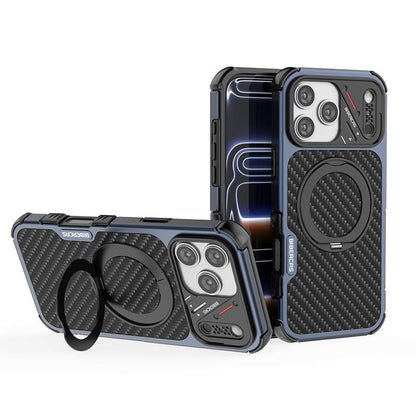 Armor King Urban Mecha MagSafe Shockproof TPU + Metal Frame + Carbon Fiber Backplate / Wooden Board Case Cover