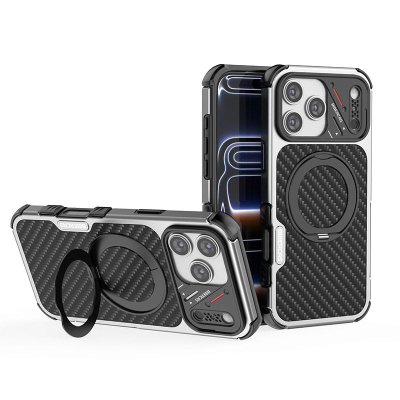 Armor King Urban Mecha MagSafe Shockproof TPU + Metal Frame + Carbon Fiber Backplate / Wooden Board Case Cover