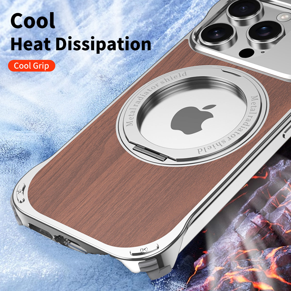 Armor King Aromatherapy MagSafe Pivot Ring Stand Walnut Wood + Metal Case Cover