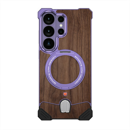 Armor King Hypercar MagSafe Pivot Ring Stand Elastic Buckle Metal+Walnut Texture Back Case Cover