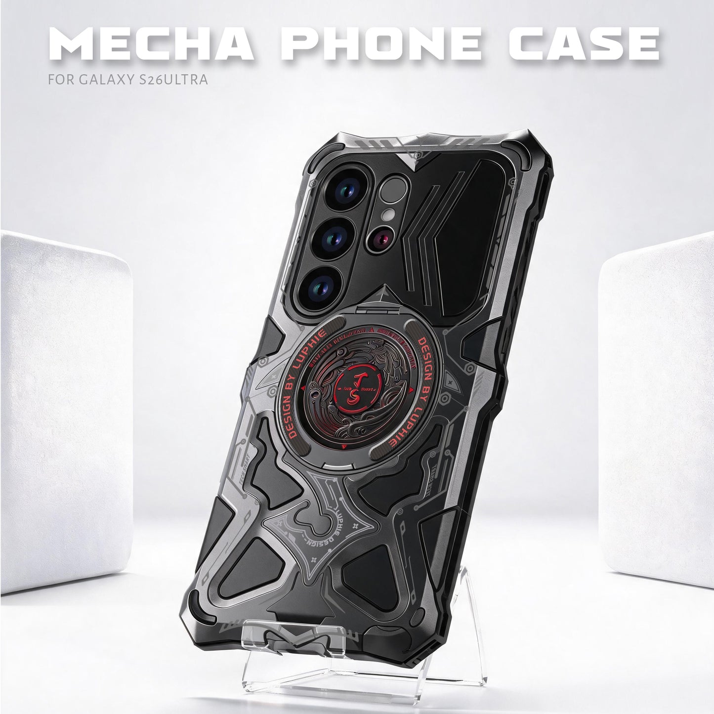 Luphie TS Water-resistant Shockproof Heavy Duty Mecha Metal Case Cover with MagSafe Pivot Ring Stand