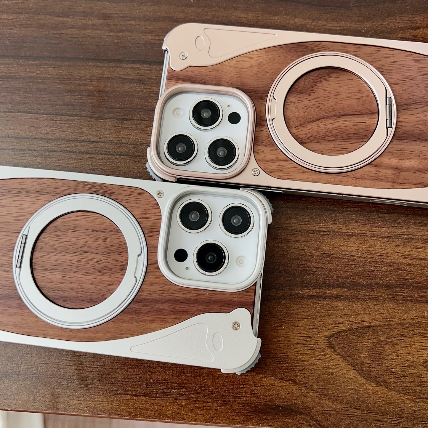 Armor King Stoat Bezel-less MagSafe Pivot Ring Stand Walnut Wood Metal Case Cover