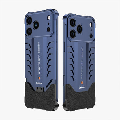 Armor King Sports Car Elastic Buckle Contrast Color Frameless Metal + Leather Case Cover for iPhone